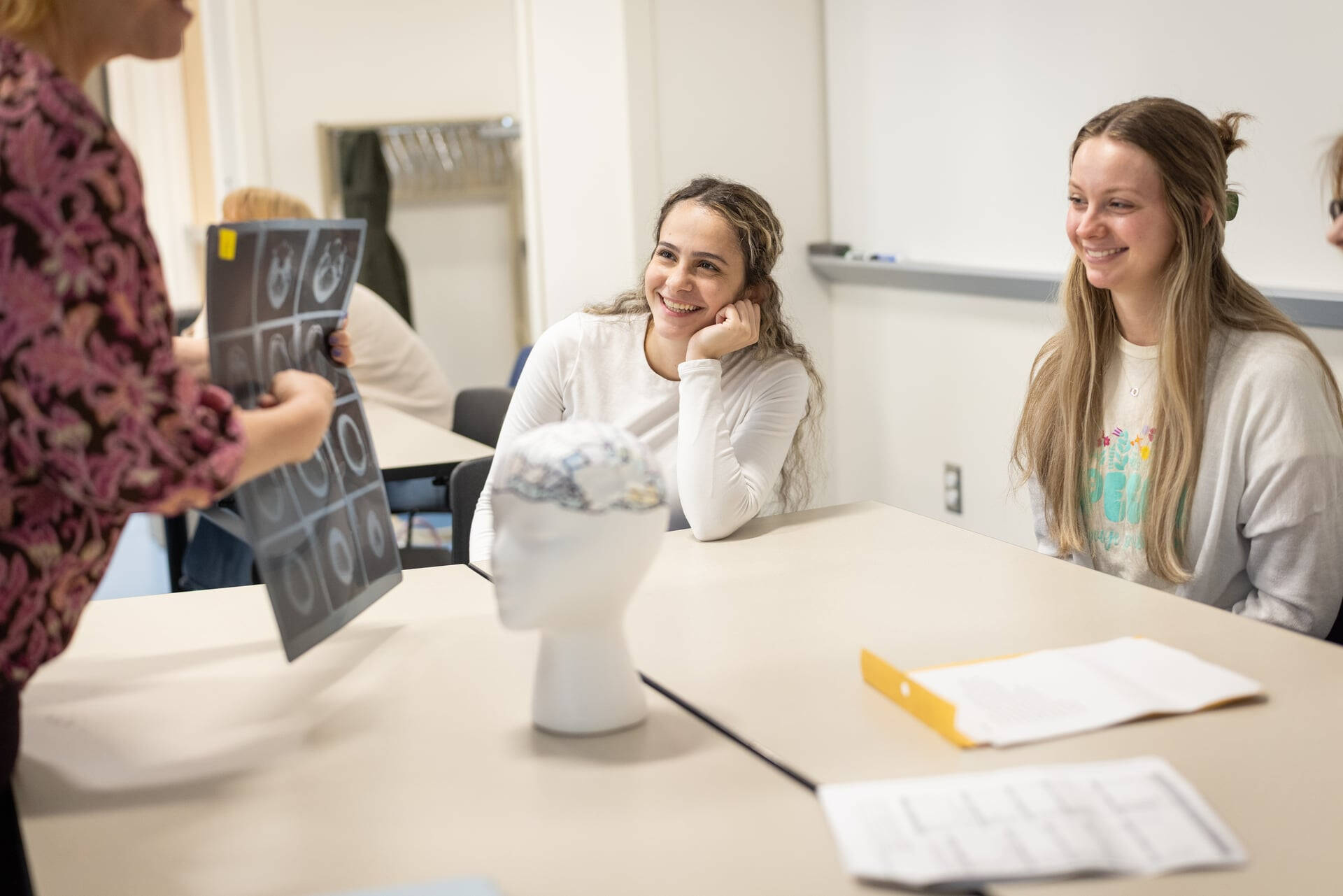 Students review medical scans with a professor